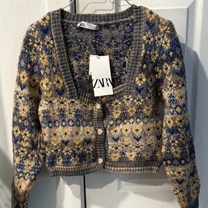 Zara Women's Blue and Gold Knit Cardigan